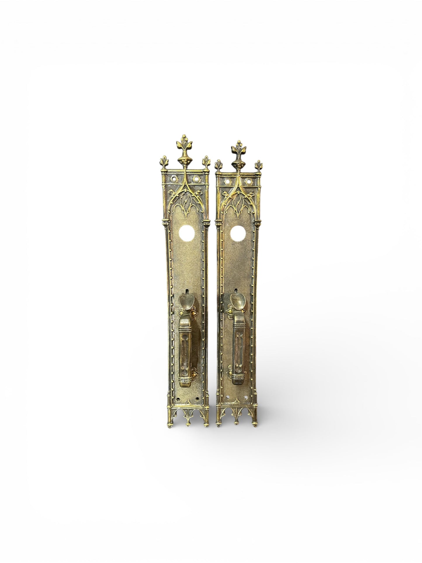 23" Antique French Gothic Revival Door Backplates with Architectural Pulls (Pair)