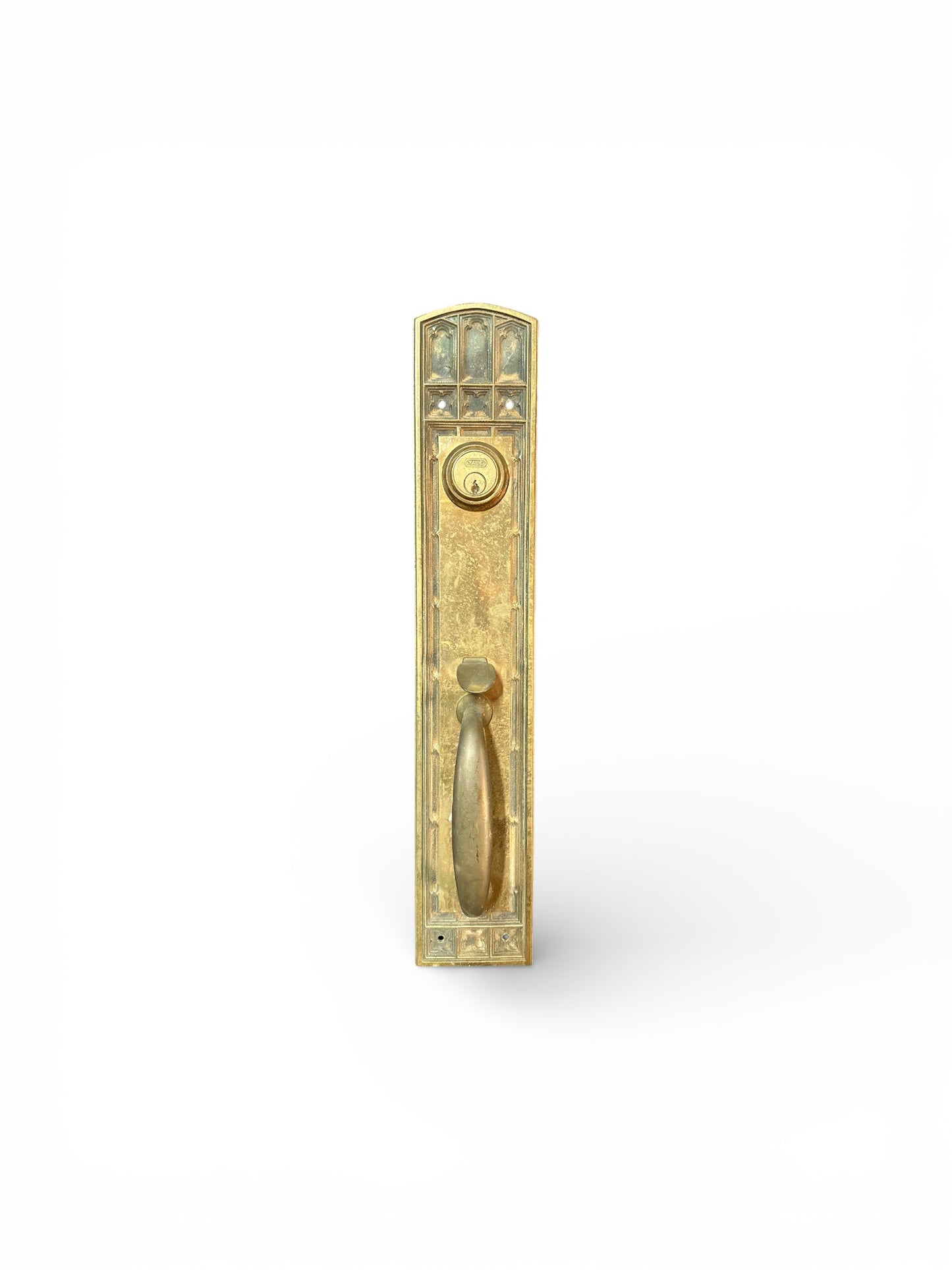 Antique French Brass Door Backplate with Oval Pull and Geometric Detailing