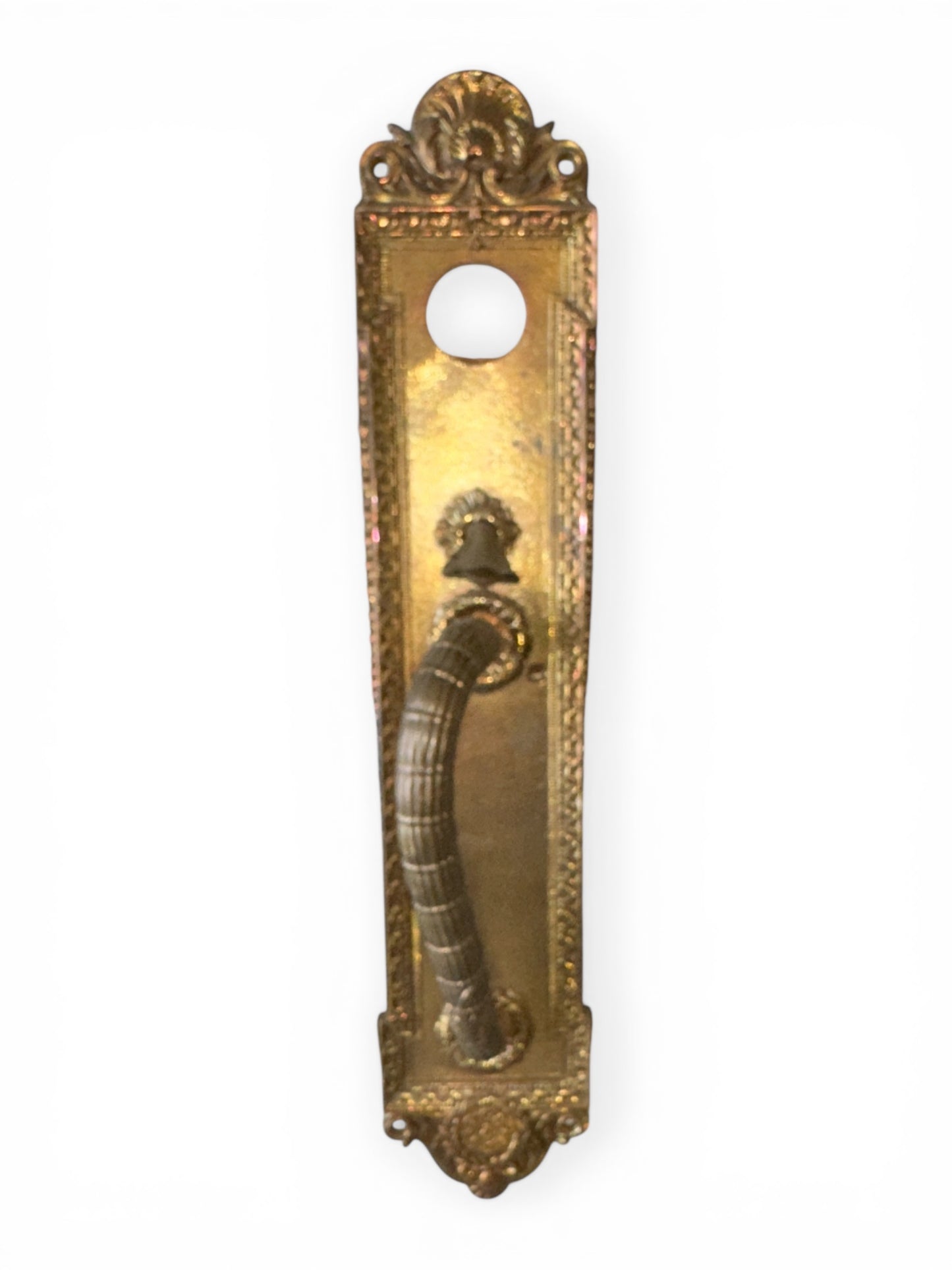 18" Antique Brass Door Backplate with Fluted Curved Pull Handle