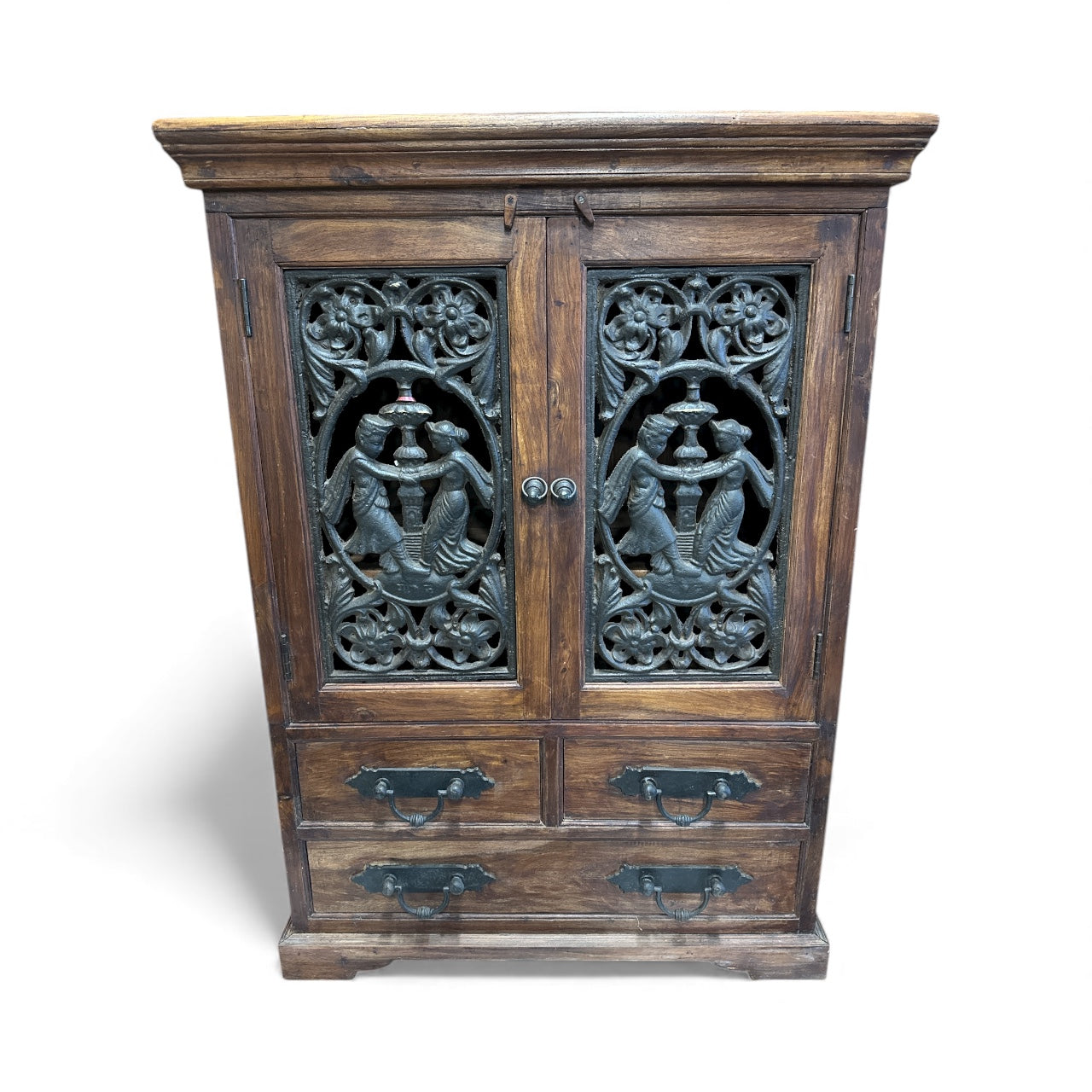 Antique Carved Wood Cabinet with Cast Iron Figural Panels