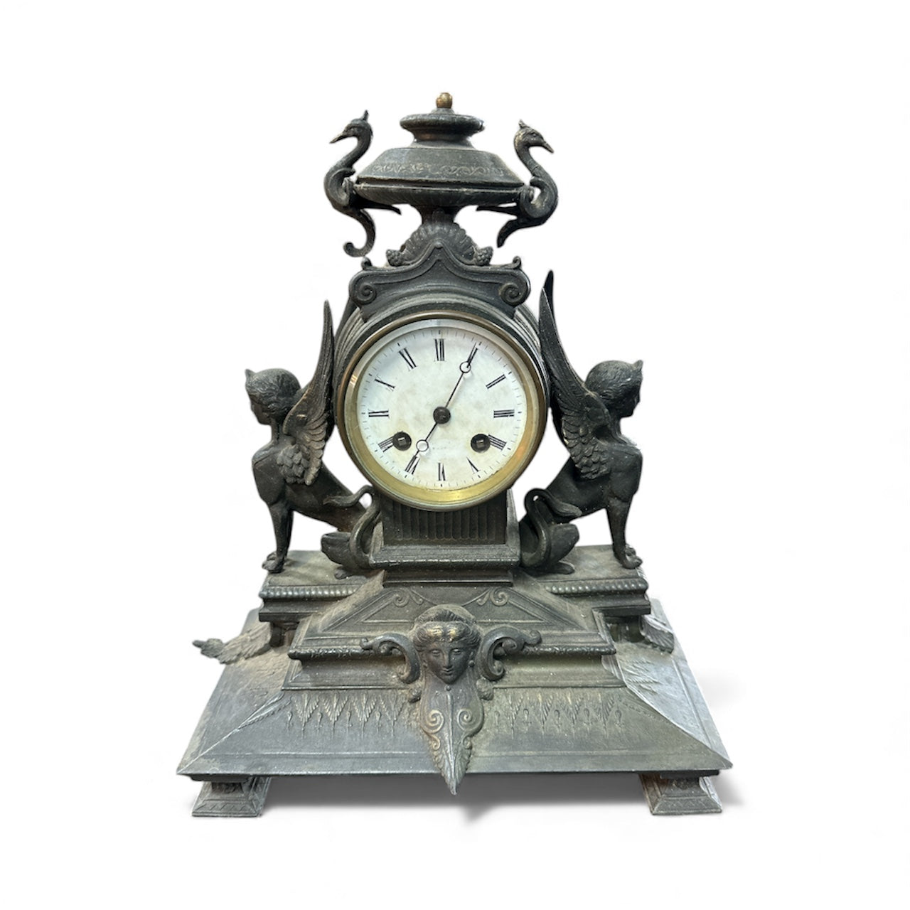French Egyptian Revival Mantel Clock with Winged Sphinx Figures