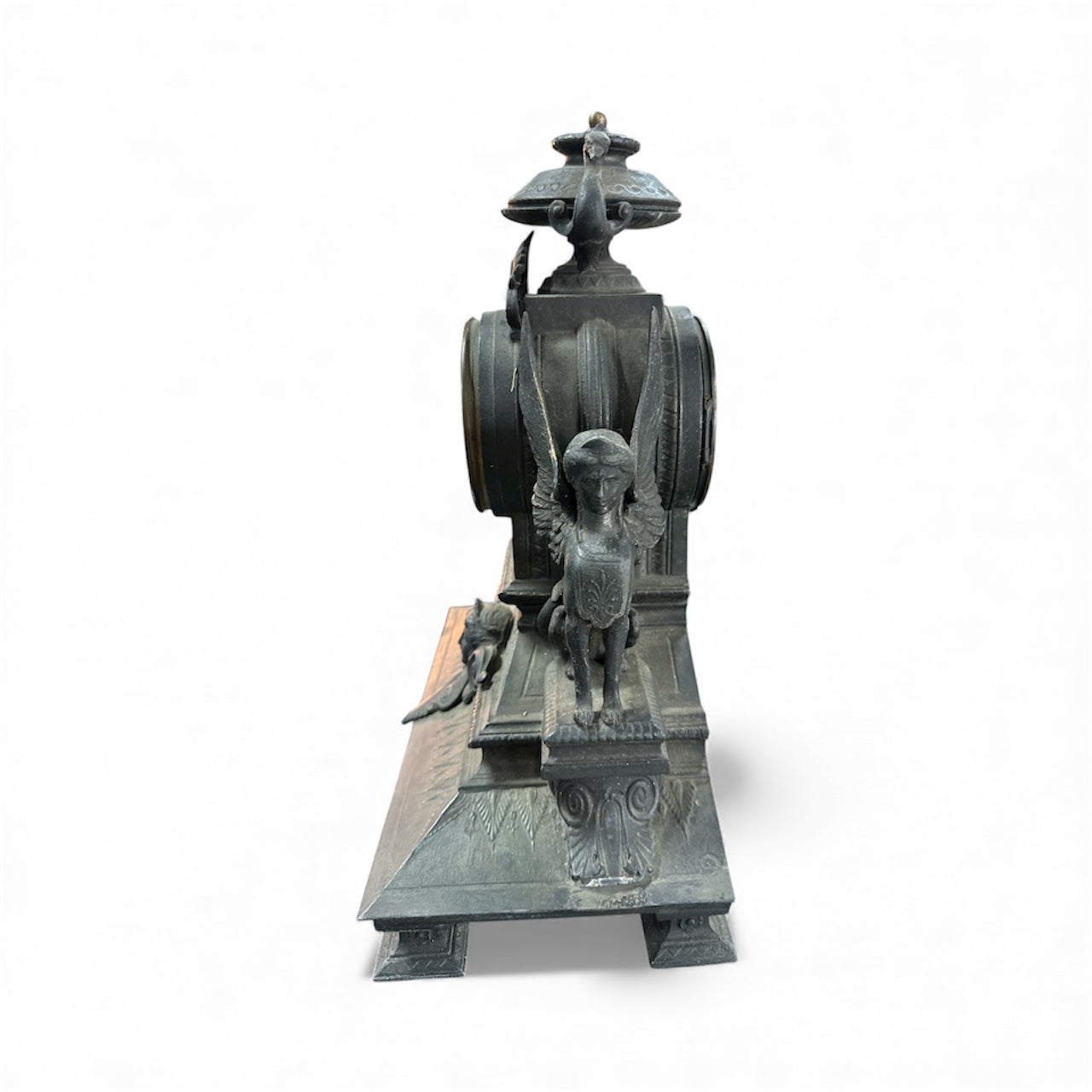 French Egyptian Revival Mantel Clock with Winged Sphinx Figures