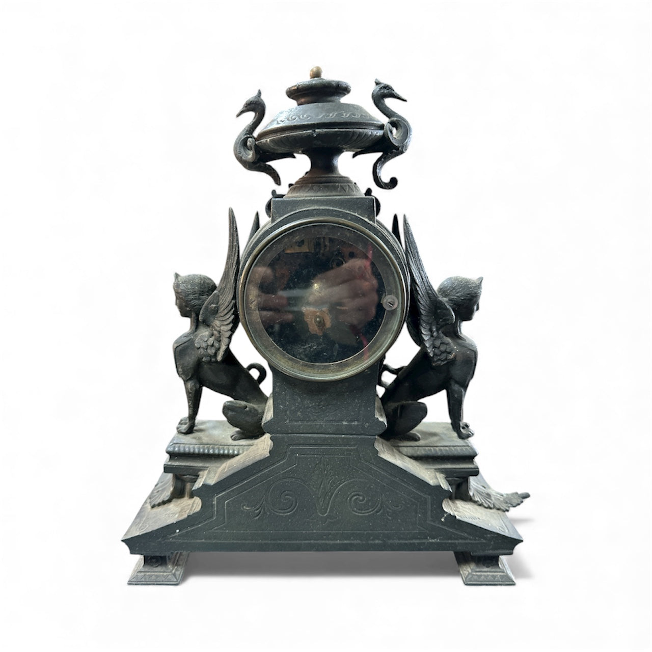 French Egyptian Revival Mantel Clock with Winged Sphinx Figures