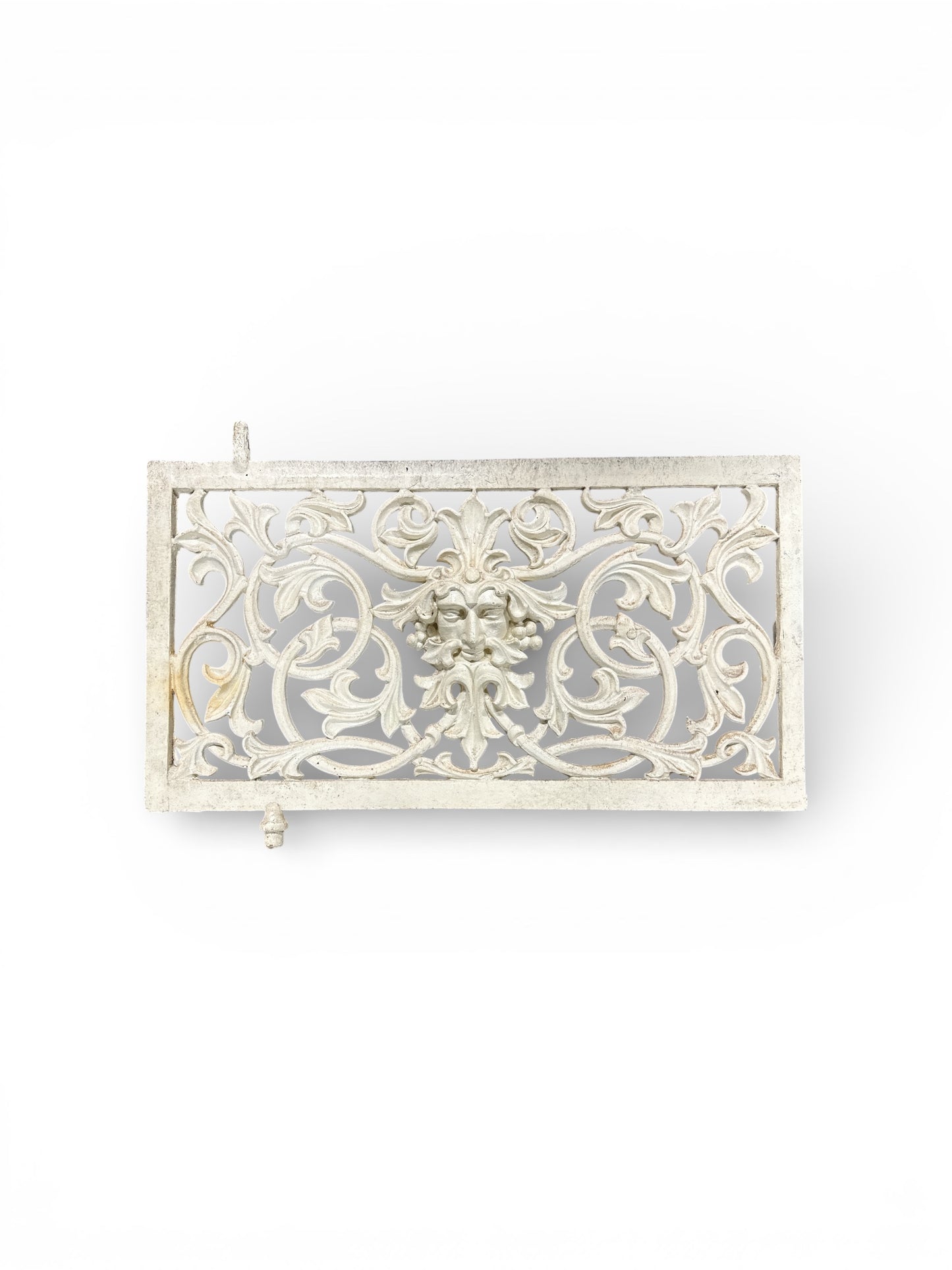 Decorative Cast Iron Panel with Classical Scrollwork and Mask Motif - White