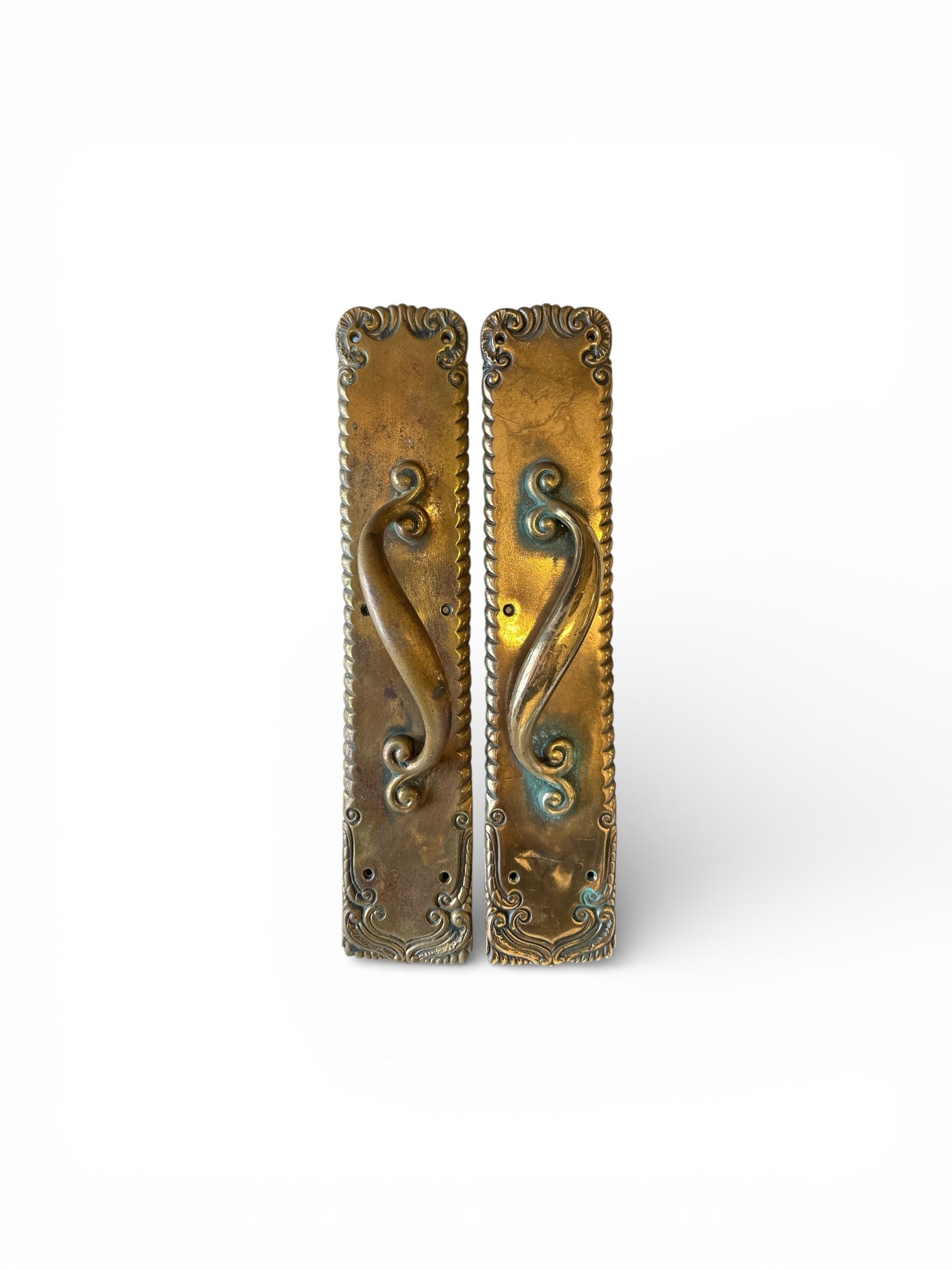 15” Russell & Erwin Vintage Brass Scroll Door Pull Pair