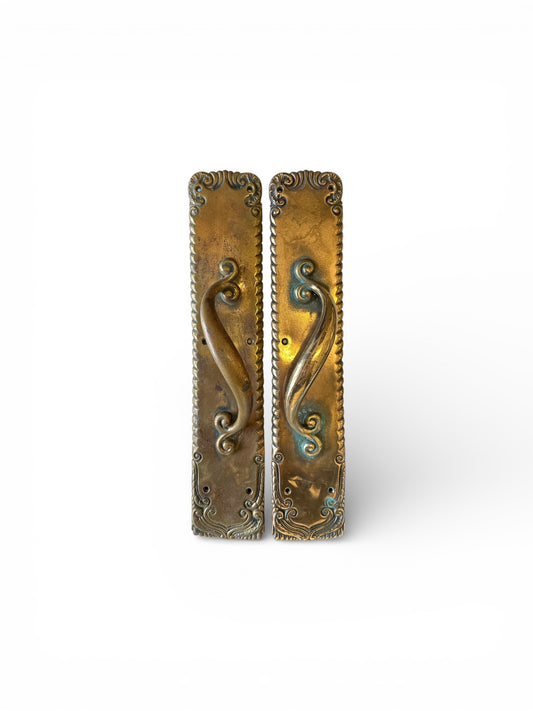 15” Russell & Erwin Vintage Brass Scroll Door Pull Pair