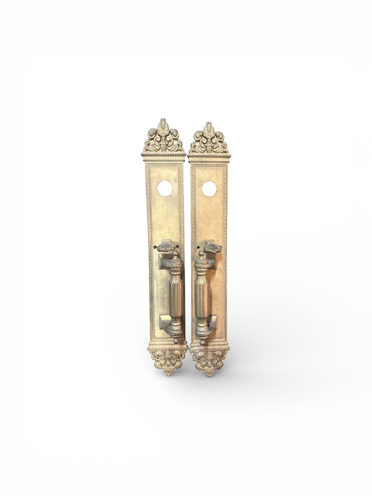 23" Antique French Beaux-Arts Door Backplates with Turned Column Pulls (Pair)