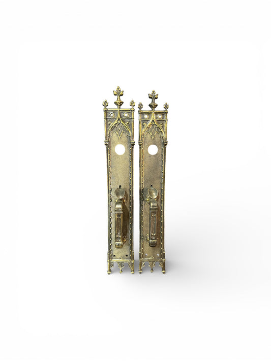 23" Antique French Gothic Revival Door Backplates with Architectural Pulls (Pair)