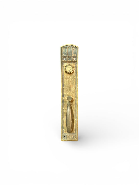 Antique French Brass Door Backplate with Oval Pull and Geometric Detailing
