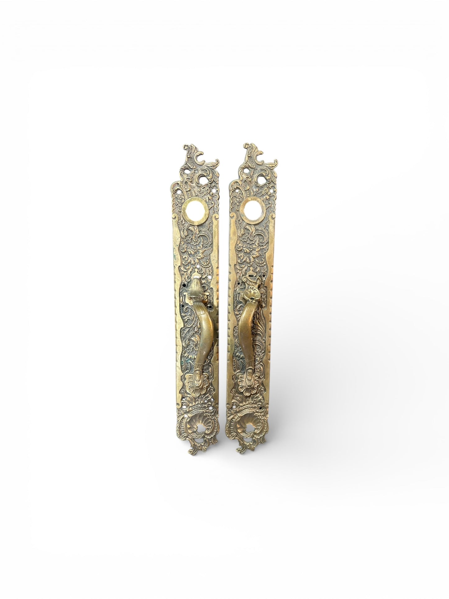 22" Antique French Rococo Revival Door Backplates with Curved Pulls (Pair)