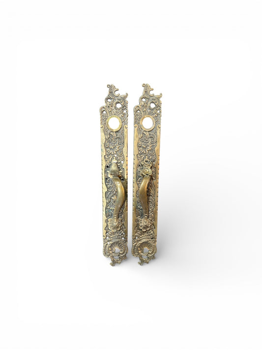 22" Antique French Rococo Revival Door Backplates with Curved Pulls (Pair)